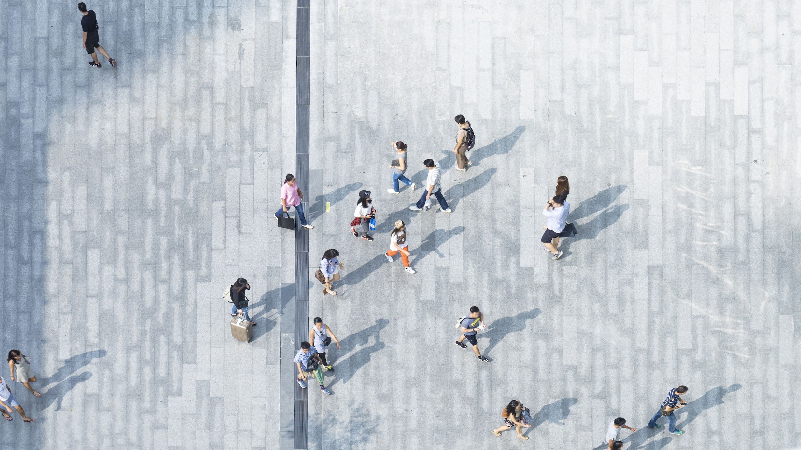 Zdjęcie przedstawia grupę ludzi na chodniku widzianą z góry.