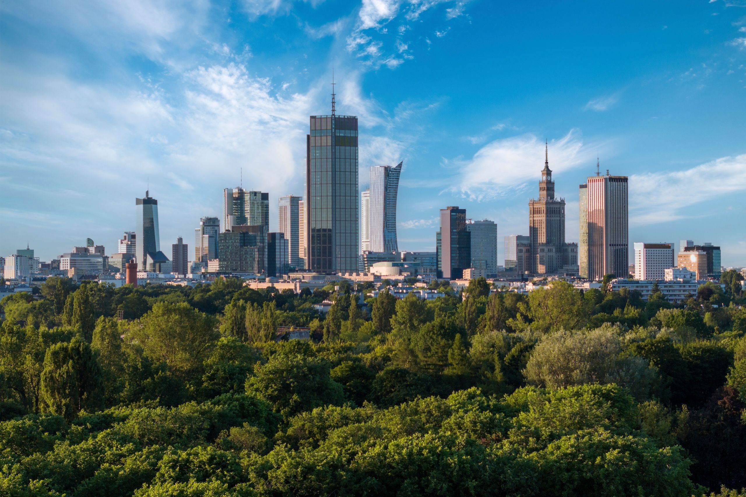 A photo showing the skyline of Warsaw